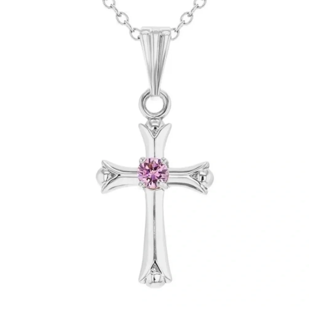 In Season Jewelry Rhodium Plated Girls Pink Crystal Plain Cross Pendant NWT NIB